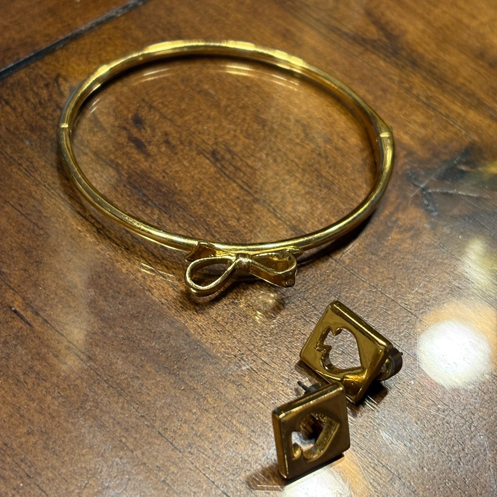 Kate Spade Gold Bow Bracelet and Heart Earrings Set